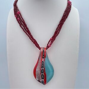 Handmade Murano-Style Art Glass Teardrop Pendant on Multi-Strand Red Beads